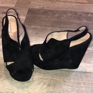 Chinese Laundry Black Suede Peep Toe Wedges
